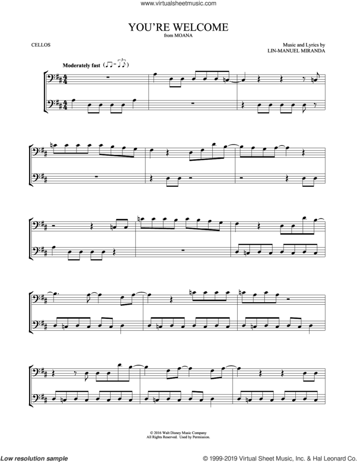 You're Welcome (from Moana) (arr. Mark Phillips) sheet music for two cellos (duet, duets) by Lin-Manuel Miranda and Mark Phillips, intermediate skill level