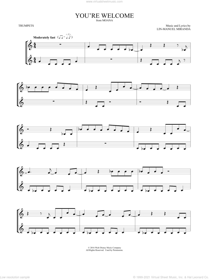 You're Welcome (from Moana) (arr. Mark Phillips) sheet music for two trumpets (duet, duets) by Lin-Manuel Miranda and Mark Phillips, intermediate skill level