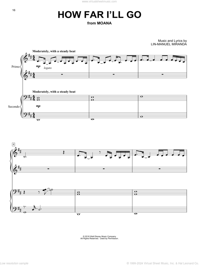 How Far I'll Go (from Moana) sheet music for piano four hands by Lin-Manuel Miranda and Alessia Cara, intermediate skill level