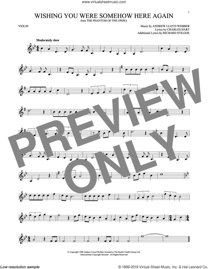 Wishing You Were Somehow Here Again (from The Phantom Of The Opera) sheet music for violin solo by Andrew Lloyd Webber, Charles Hart and Richard Stilgoe, intermediate skill level