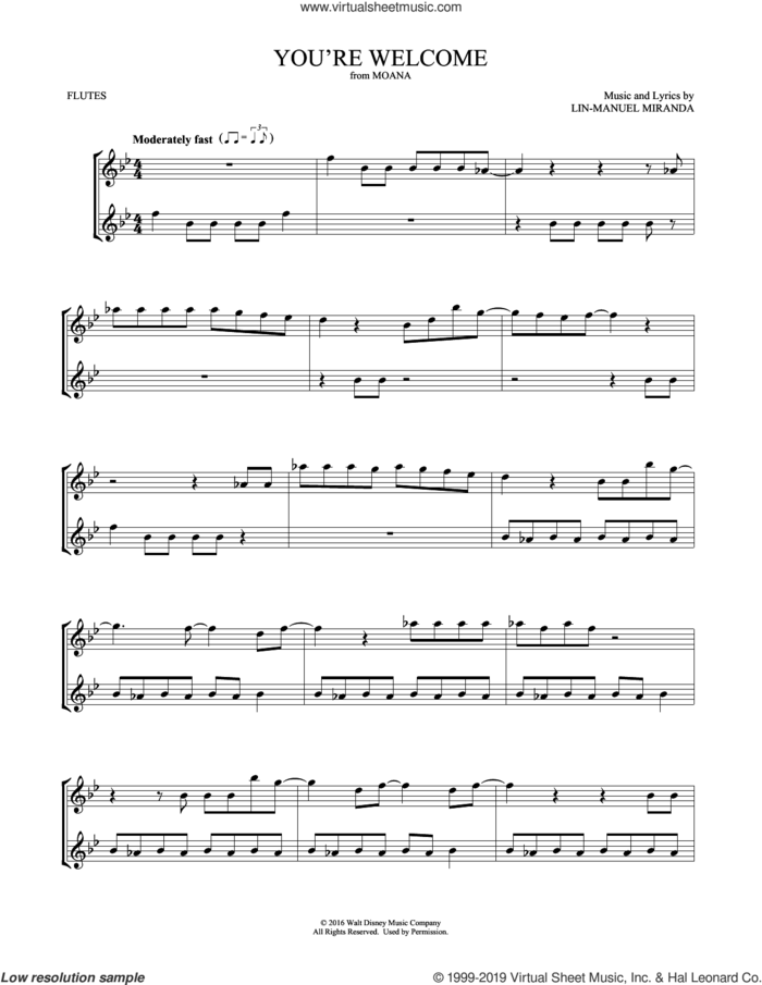 You're Welcome (from Moana) (arr. Mark Phillips) sheet music for two flutes (duets) by Lin-Manuel Miranda and Mark Phillips, intermediate skill level