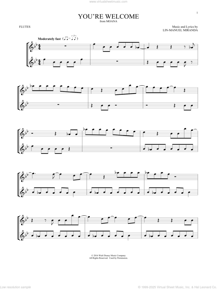 You're Welcome (from Moana) (arr. Mark Phillips) sheet music for two flutes (duets) by Lin-Manuel Miranda and Mark Phillips, intermediate skill level