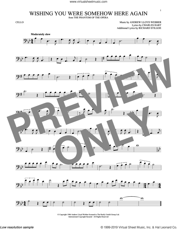 Wishing You Were Somehow Here Again (from The Phantom Of The Opera) sheet music for cello solo by Andrew Lloyd Webber, Charles Hart and Richard Stilgoe, intermediate skill level