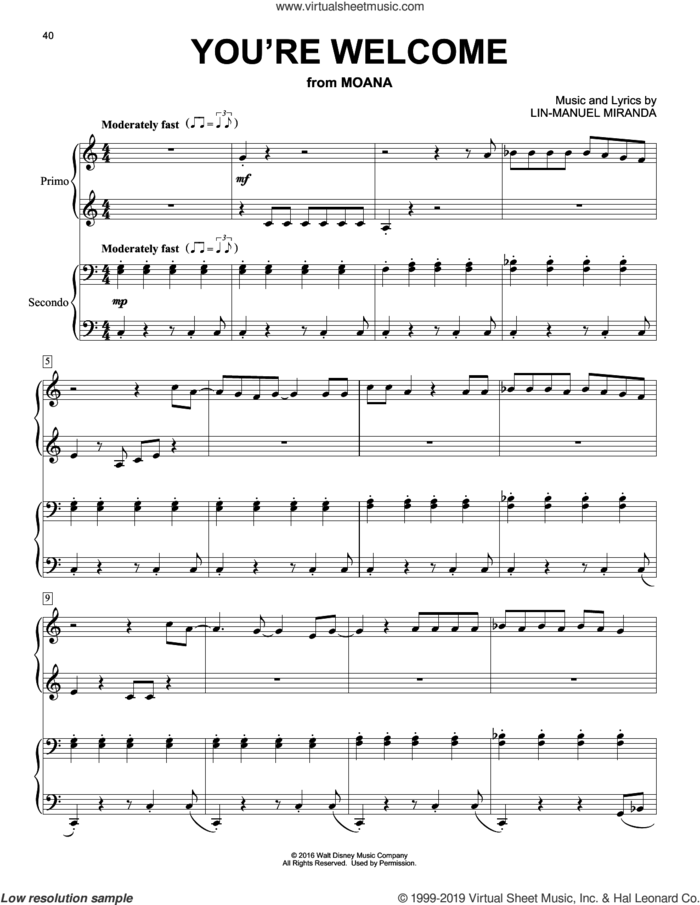 You're Welcome (from Moana) sheet music for piano four hands by Lin-Manuel Miranda, intermediate skill level