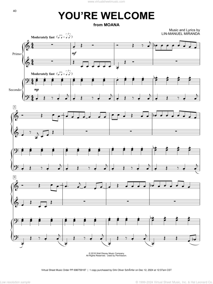 You're Welcome (from Moana) sheet music for piano four hands by Lin-Manuel Miranda, intermediate skill level