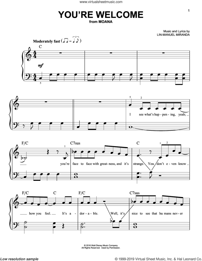 You're Welcome (from Moana) sheet music for piano solo by Lin-Manuel Miranda, beginner skill level