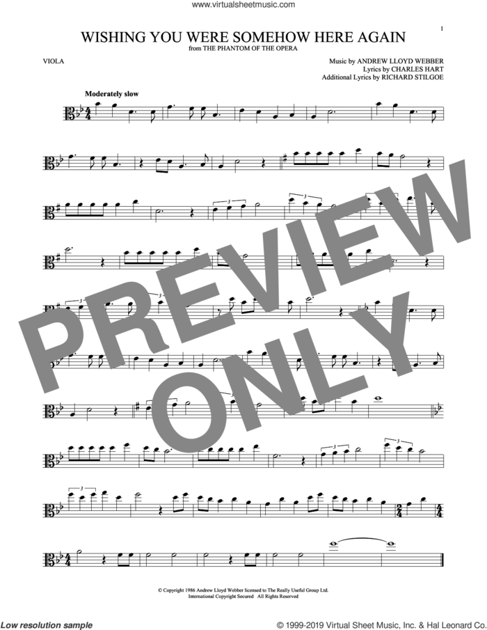 Wishing You Were Somehow Here Again (from The Phantom Of The Opera) sheet music for viola solo by Andrew Lloyd Webber, Charles Hart and Richard Stilgoe, intermediate skill level