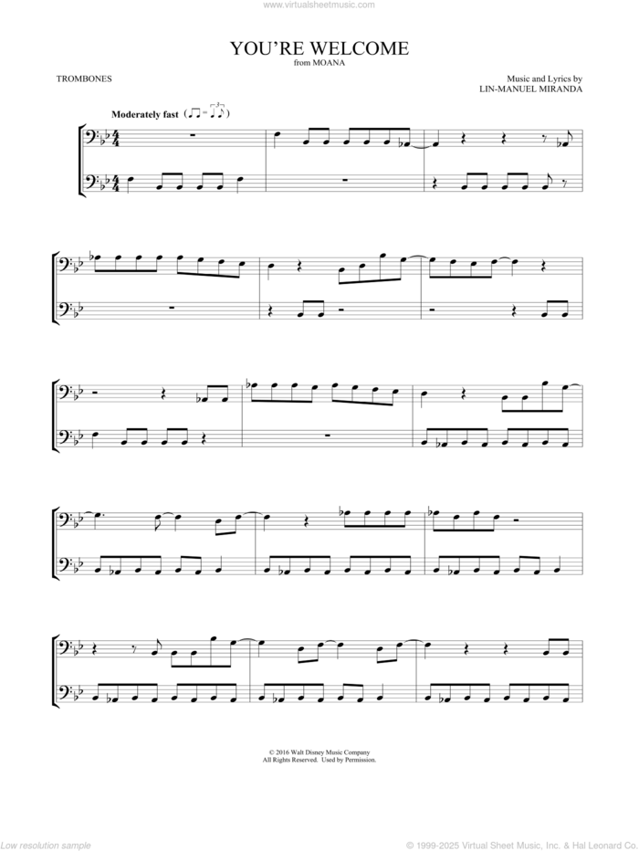 You're Welcome (from Moana) (arr. Mark Phillips) sheet music for two trombones (duet, duets) by Lin-Manuel Miranda and Mark Phillips, intermediate skill level