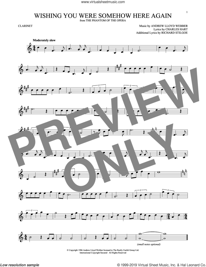 Wishing You Were Somehow Here Again (from The Phantom Of The Opera) sheet music for clarinet solo by Andrew Lloyd Webber, Charles Hart and Richard Stilgoe, intermediate skill level