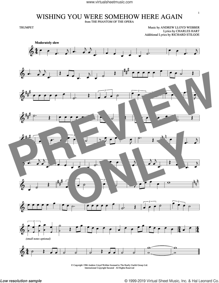 Wishing You Were Somehow Here Again (from The Phantom Of The Opera) sheet music for trumpet solo by Andrew Lloyd Webber, Charles Hart and Richard Stilgoe, intermediate skill level