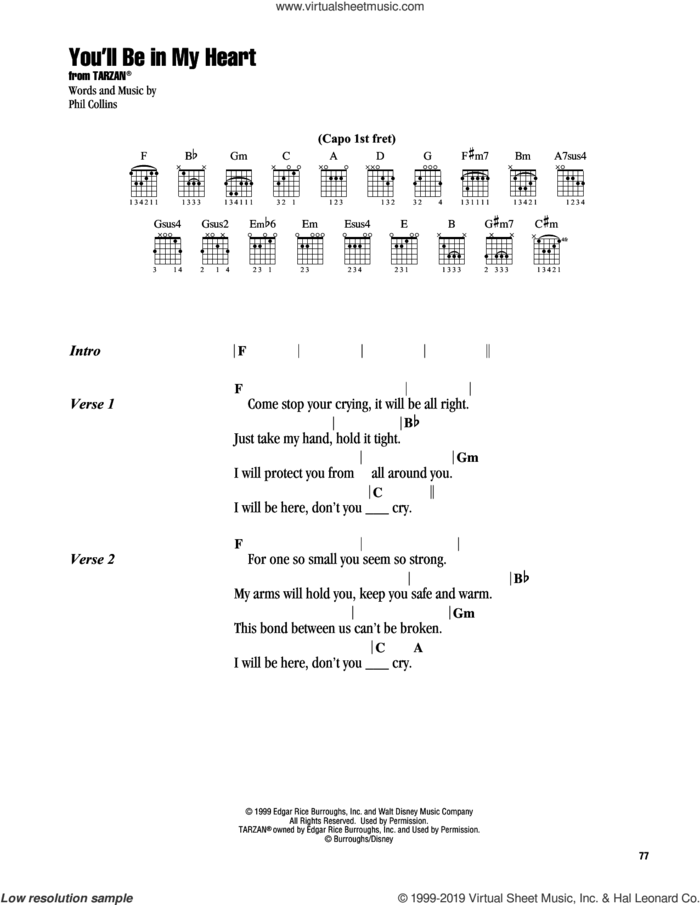 You'll Be In My Heart (from Tarzan) sheet music for guitar (chords) by Phil Collins, intermediate skill level