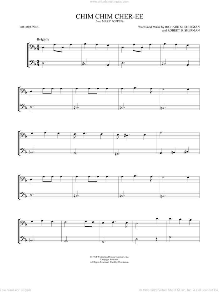 Chim Chim Cher-ee (from Mary Poppins) (arr. Mark Phillips) sheet music for two trombones (duet, duets) by Richard M. Sherman, Mark Phillips, Dick Van Dyke, Robert B. Sherman and Sherman Brothers, intermediate skill level