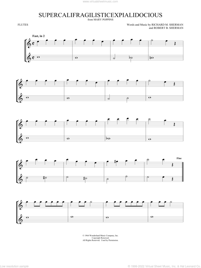 Supercalifragilisticexpialidocious (from Mary Poppins) (arr. Mark Phillips) sheet music for two flutes (duets) by Richard M. Sherman, Mark Phillips, Julie Andrews, Robert B. Sherman and Sherman Brothers, intermediate skill level