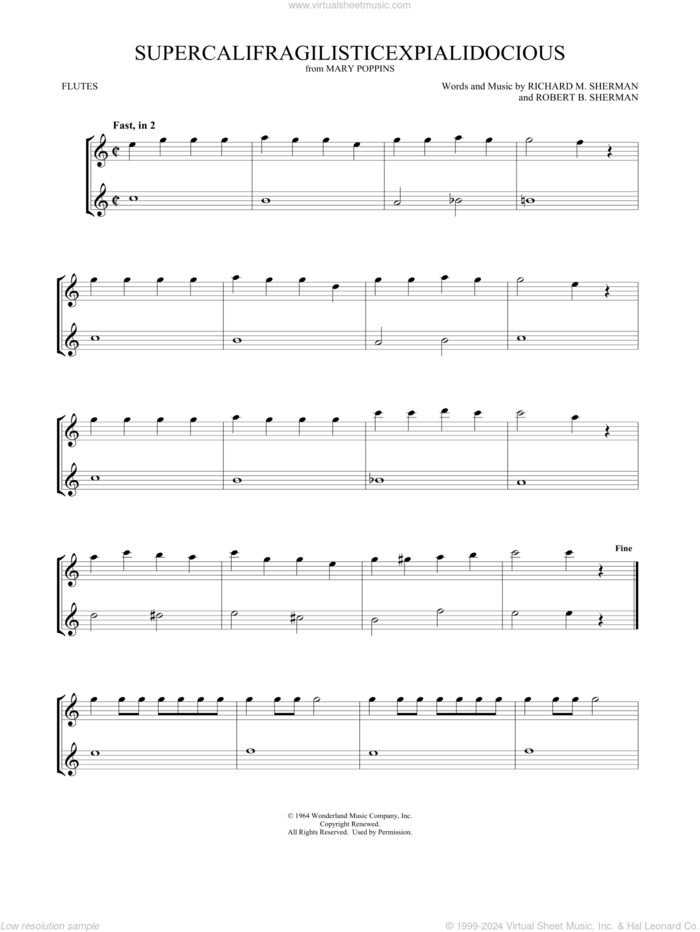 Supercalifragilisticexpialidocious (from Mary Poppins) (arr. Mark Phillips) sheet music for two flutes (duets) by Richard M. Sherman, Mark Phillips, Julie Andrews, Robert B. Sherman and Sherman Brothers, intermediate skill level