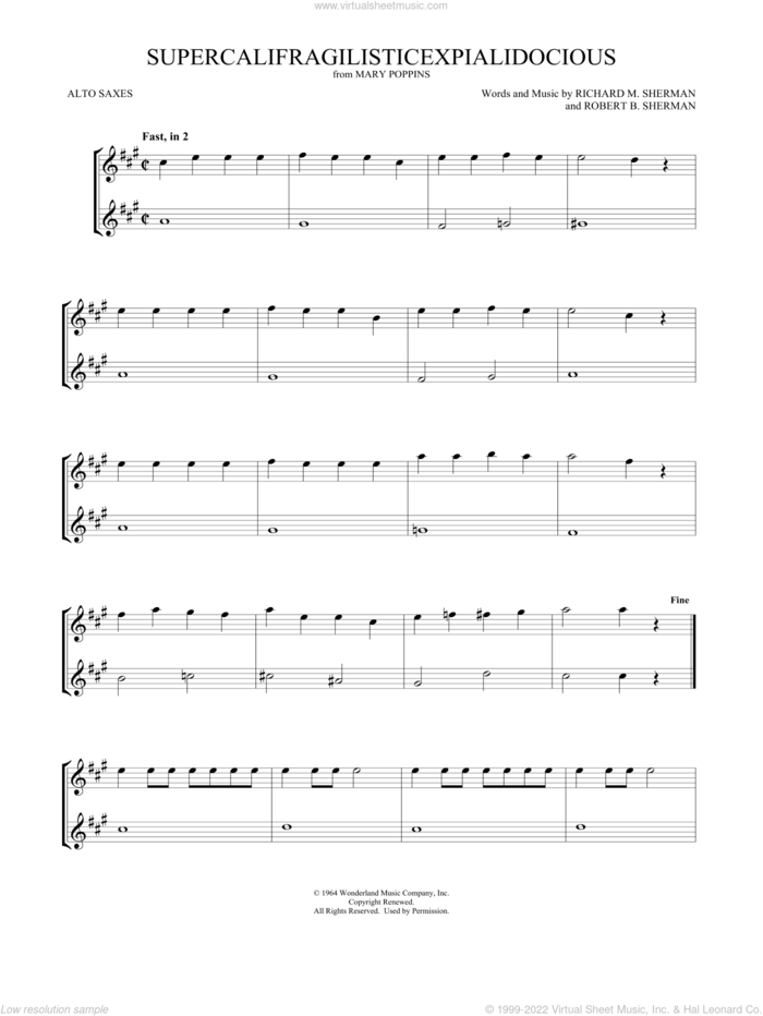 Supercalifragilisticexpialidocious (from Mary Poppins) (arr. Mark Phillips) sheet music for two alto saxophones (duets) by Richard M. Sherman, Mark Phillips, Julie Andrews, Robert B. Sherman and Sherman Brothers, intermediate skill level