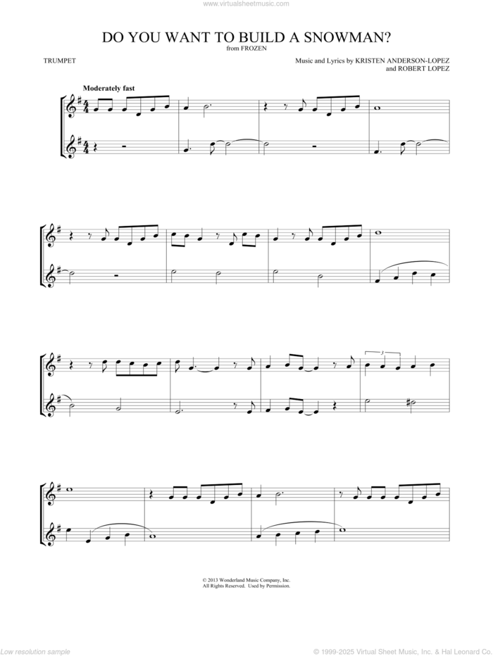 Do You Want To Build A Snowman? (from Frozen) sheet music for two trumpets (duet, duets) by Kristen Bell, Agatha Lee Monn & Katie Lopez, Kristen Bell, Kristen Anderson-Lopez and Robert Lopez, intermediate skill level