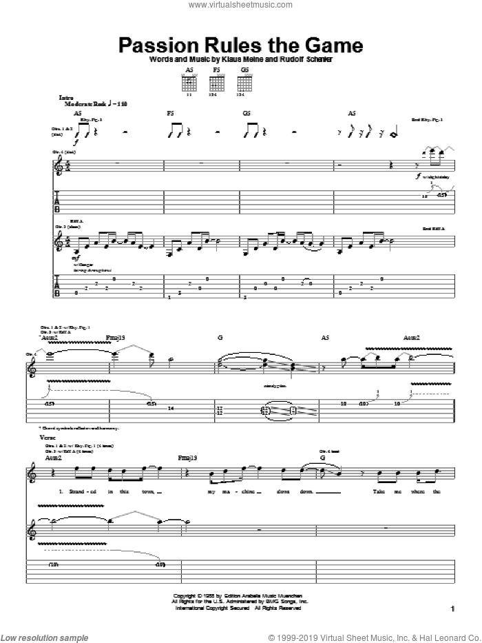 Passion Rules The Game sheet music for guitar (tablature) by Scorpions, Klaus Meine and Rudolf Schenker, intermediate skill level