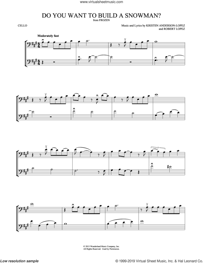 Do You Want To Build A Snowman? (from Frozen) sheet music for two cellos (duet, duets) by Kristen Bell, Agatha Lee Monn & Katie Lopez, Kristen Bell, Kristen Anderson-Lopez and Robert Lopez, intermediate skill level