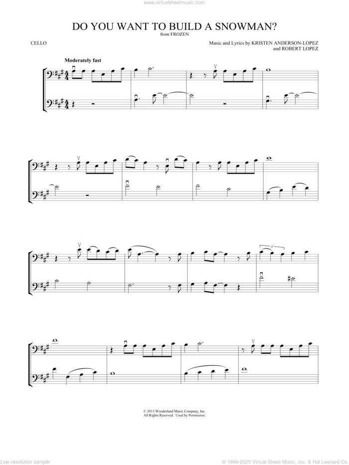 Do You Want To Build A Snowman? (from Frozen) sheet music for two cellos (duet, duets) by Kristen Bell, Agatha Lee Monn & Katie Lopez, Kristen Bell, Kristen Anderson-Lopez and Robert Lopez, intermediate skill level