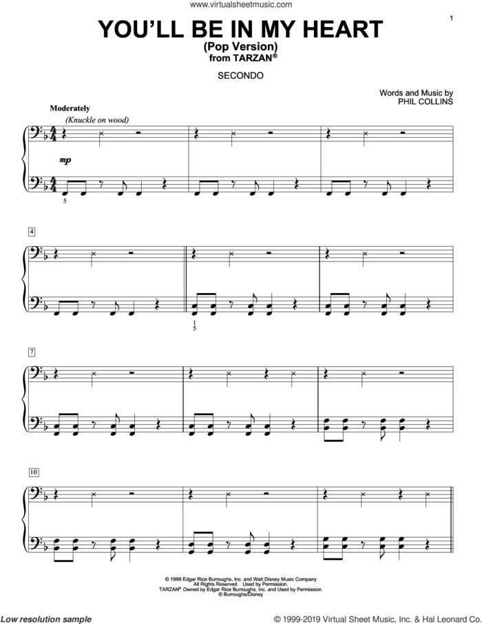 You'll Be In My Heart (Pop Version) (from Tarzan) sheet music for piano four hands by Phil Collins, intermediate skill level