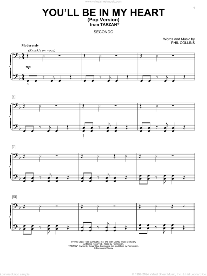 You'll Be In My Heart (Pop Version) (from Tarzan) sheet music for piano four hands by Phil Collins, intermediate skill level