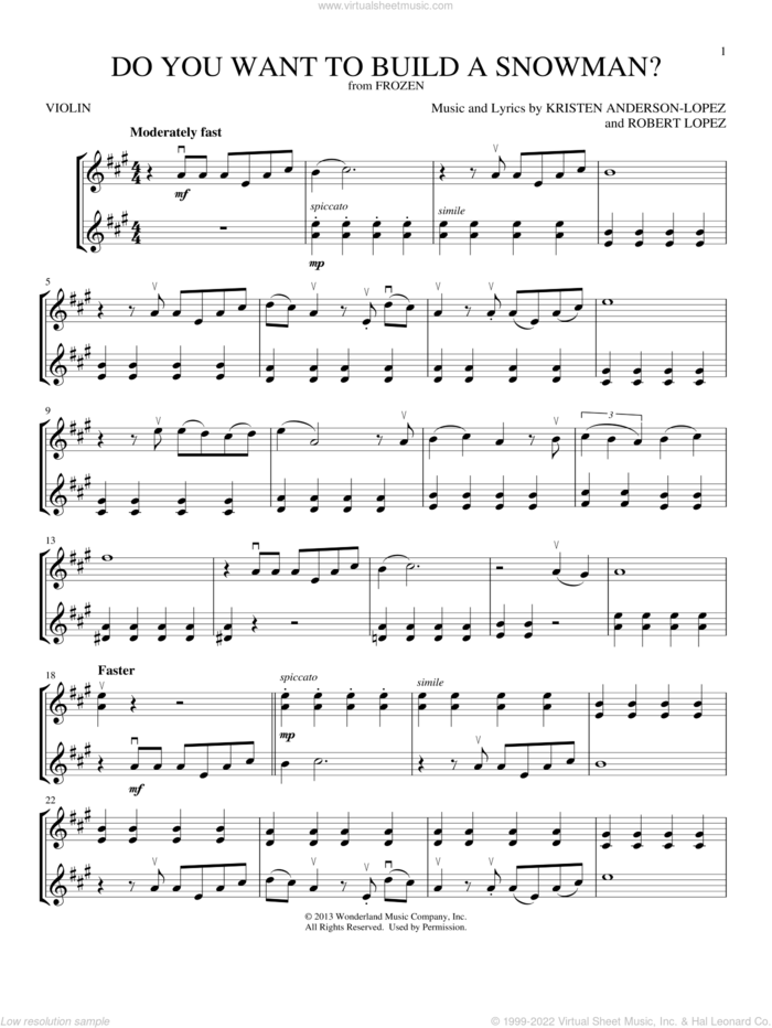 Do You Want To Build A Snowman? (from Frozen) sheet music for two violins (duets, violin duets) by Kristen Bell, Agatha Lee Monn & Katie Lopez, Kristen Bell, Kristen Anderson-Lopez and Robert Lopez, intermediate skill level