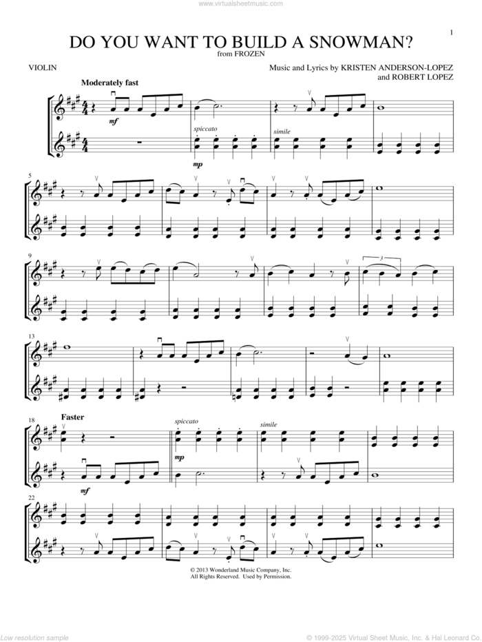 Do You Want To Build A Snowman? (from Frozen) sheet music for two violins (duets, violin duets) by Kristen Bell, Agatha Lee Monn & Katie Lopez, Kristen Bell, Kristen Anderson-Lopez and Robert Lopez, intermediate skill level