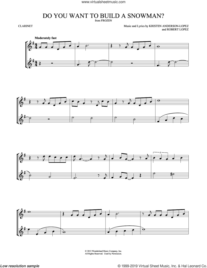Do You Want To Build A Snowman? (from Frozen) sheet music for two clarinets (duets) by Kristen Bell, Agatha Lee Monn & Katie Lopez, Kristen Bell, Kristen Anderson-Lopez and Robert Lopez, intermediate skill level