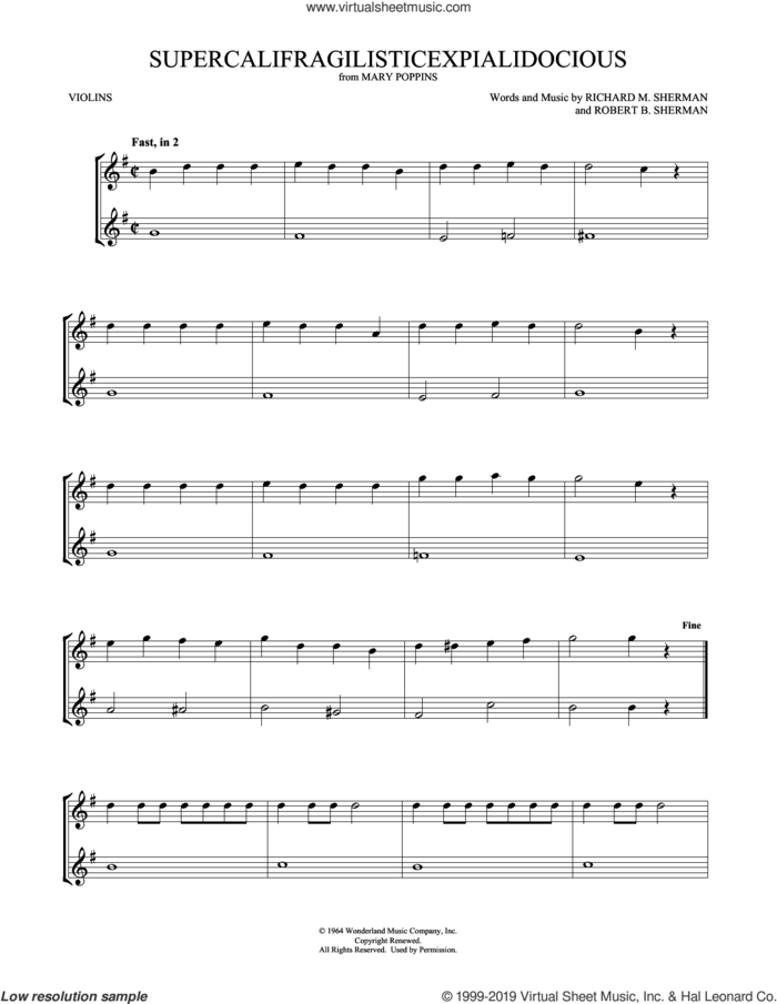 Supercalifragilisticexpialidocious (from Mary Poppins) (arr. Mark Phillips) sheet music for two violins (duets, violin duets) by Richard M. Sherman, Mark Phillips, Julie Andrews, Robert B. Sherman and Sherman Brothers, intermediate skill level