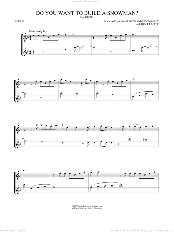 Do You Want To Build A Snowman? (from Frozen) sheet music for two flutes (duets) by Kristen Bell, Agatha Lee Monn & Katie Lopez, Kristen Bell, Kristen Anderson-Lopez and Robert Lopez, intermediate skill level