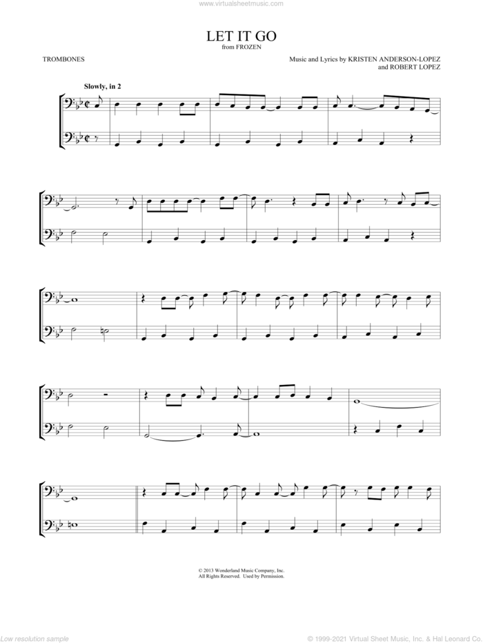 Let It Go (from Frozen) (arr. Mark Phillips) sheet music for two trombones (duet, duets) by Idina Menzel, Mark Phillips, Kristen Anderson-Lopez and Robert Lopez, intermediate skill level