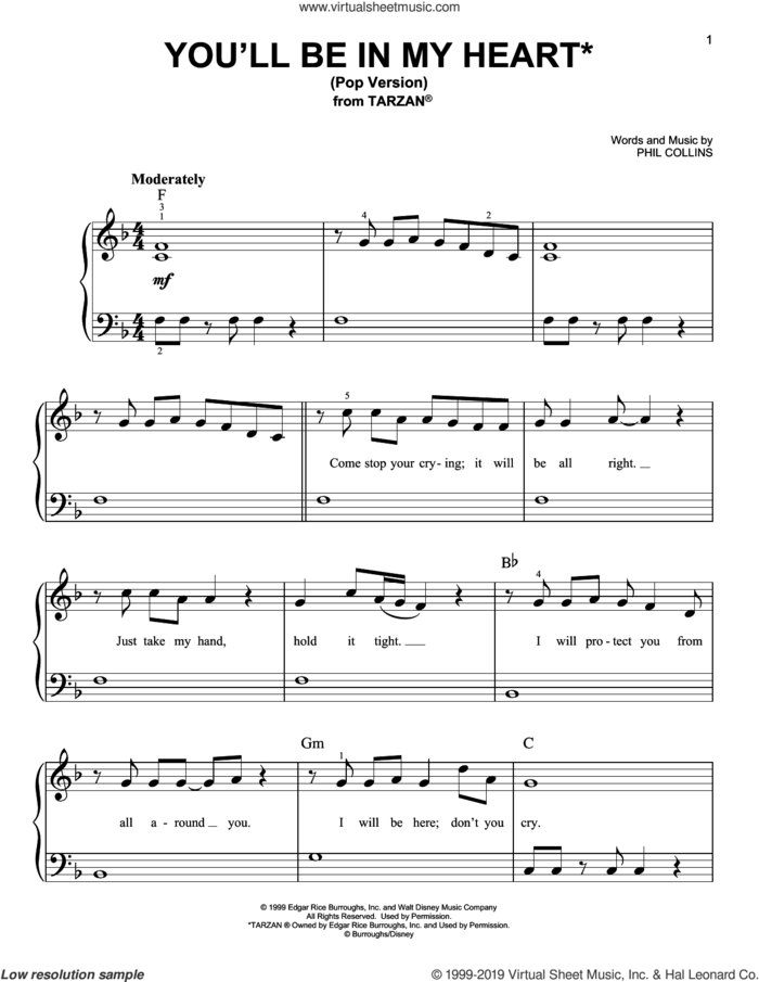 You'll Be In My Heart (Pop Version) (from Tarzan) sheet music for piano solo by Phil Collins, beginner skill level