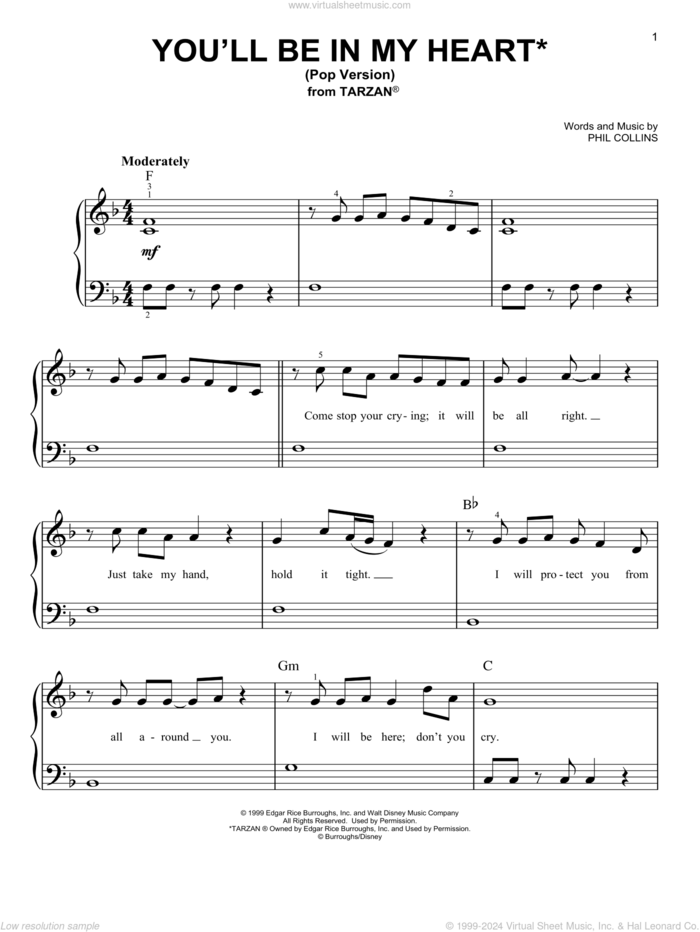 You'll Be In My Heart (Pop Version) (from Tarzan) sheet music for piano solo by Phil Collins, beginner skill level