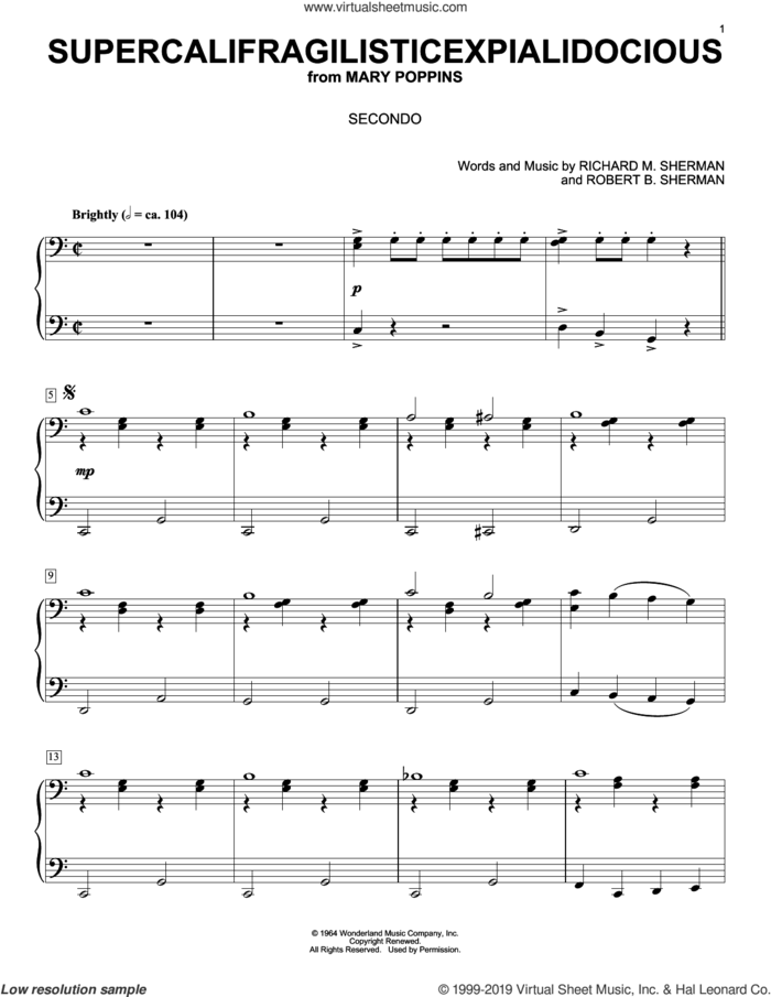 Supercalifragilisticexpialidocious (from Mary Poppins) sheet music for piano four hands by Julie Andrews, Richard M. Sherman, Robert B. Sherman and Sherman Brothers, intermediate skill level