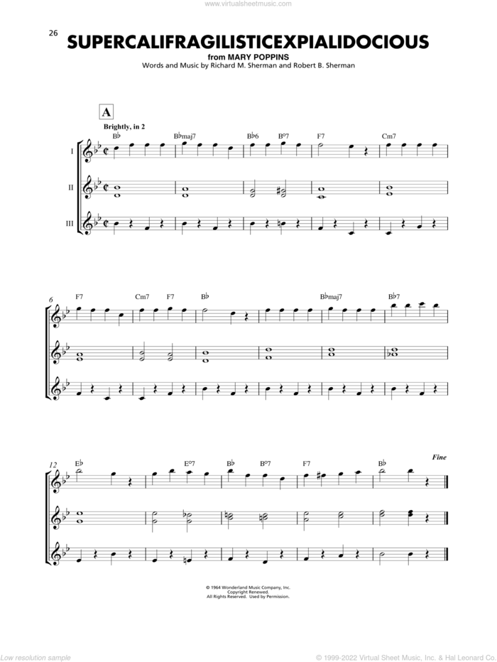 Supercalifragilisticexpialidocious (from Mary Poppins) sheet music for ukulele ensemble by Julie Andrews, Richard M. Sherman, Robert B. Sherman and Sherman Brothers, intermediate skill level