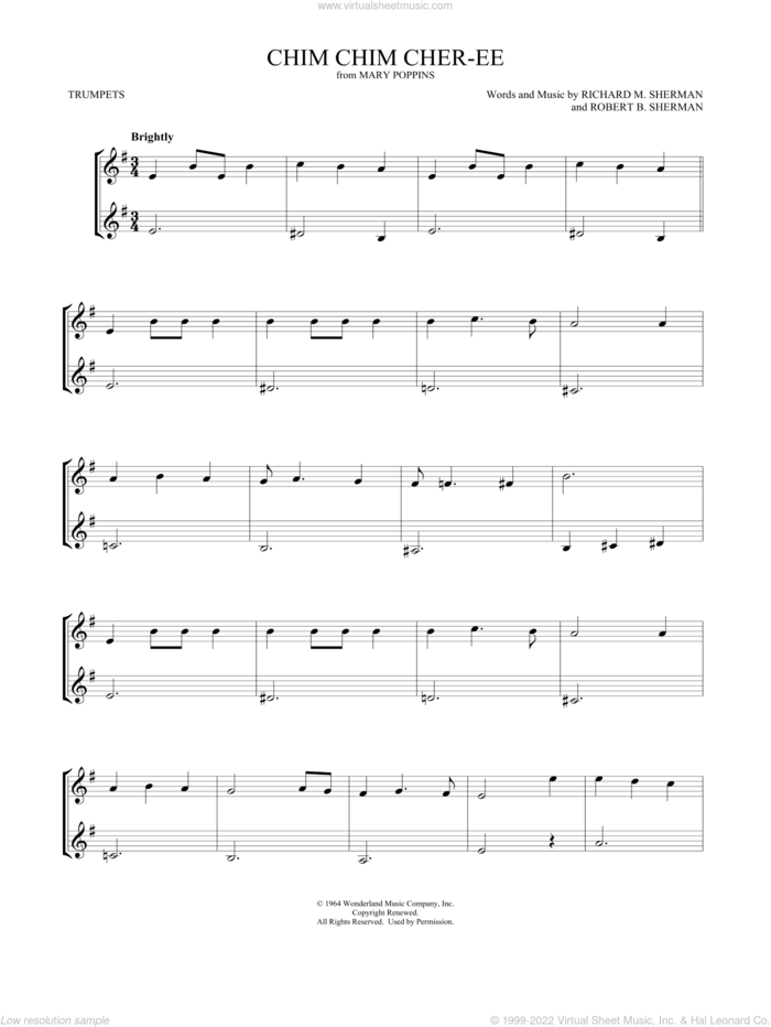 Chim Chim Cher-ee (from Mary Poppins) (arr. Mark Phillips) sheet music for two trumpets (duet, duets) by Richard M. Sherman, Mark Phillips, Dick Van Dyke, Robert B. Sherman and Sherman Brothers, intermediate skill level