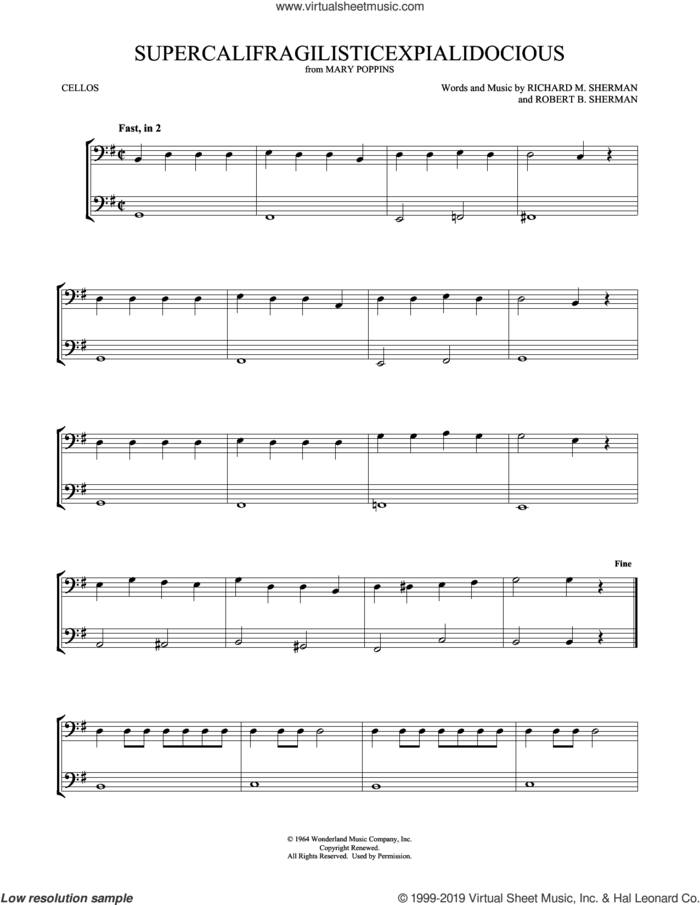 Supercalifragilisticexpialidocious (from Mary Poppins) (arr. Mark Phillips) sheet music for two cellos (duet, duets) by Richard M. Sherman, Mark Phillips, Julie Andrews, Robert B. Sherman and Sherman Brothers, intermediate skill level