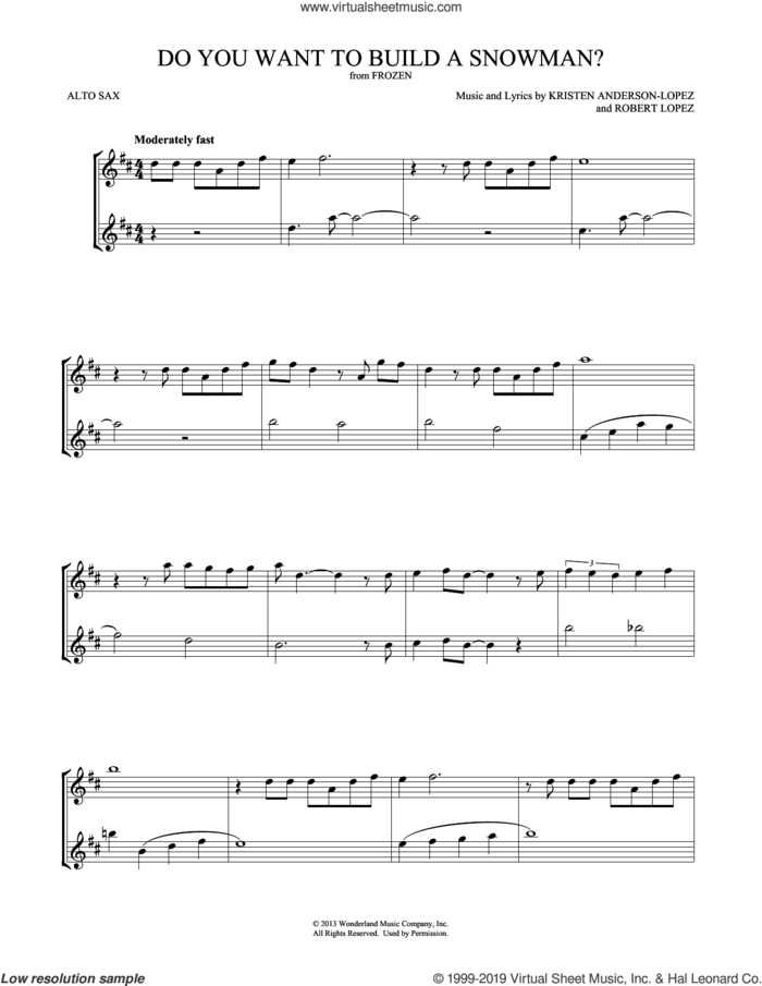 Do You Want To Build A Snowman? (from Frozen) sheet music for two alto saxophones (duets) by Kristen Bell, Agatha Lee Monn & Katie Lopez, Kristen Bell, Kristen Anderson-Lopez and Robert Lopez, intermediate skill level