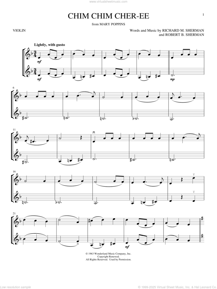 Chim Chim Cher-ee (from Mary Poppins) sheet music for two violins (duets, violin duets) by Dick Van Dyke, Richard M. Sherman, Robert B. Sherman and Sherman Brothers, intermediate skill level