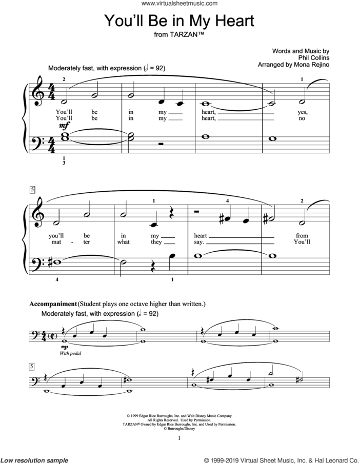 You'll Be In My Heart (from Tarzan) (arr. Mona Rejino) sheet music for piano solo (elementary) by Phil Collins and Mona Rejino, beginner piano (elementary)