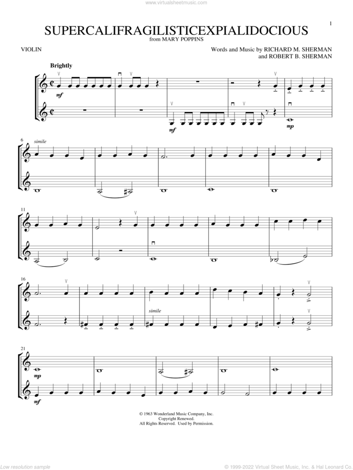 Supercalifragilisticexpialidocious (from Mary Poppins) sheet music for two violins (duets, violin duets) by Richard M. Sherman, Robert B. Sherman and Sherman Brothers, intermediate skill level