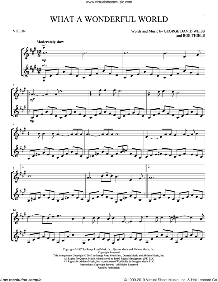 What A Wonderful World sheet music for two violins (duets, violin duets) by Louis Armstrong, Bob Thiele and George David Weiss, intermediate skill level