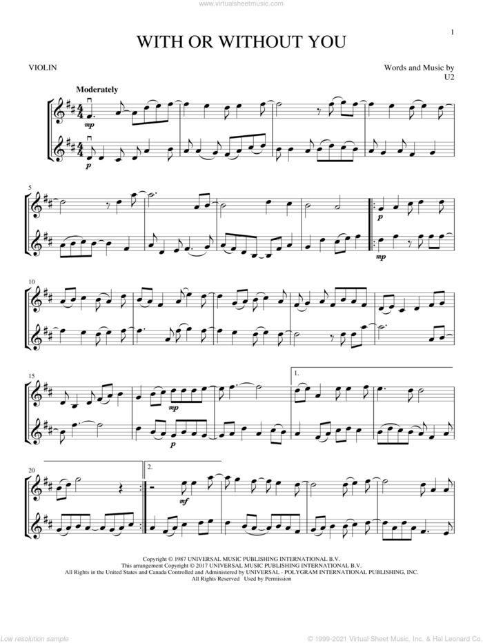 With Or Without You sheet music for two violins (duets, violin duets) by U2, intermediate skill level