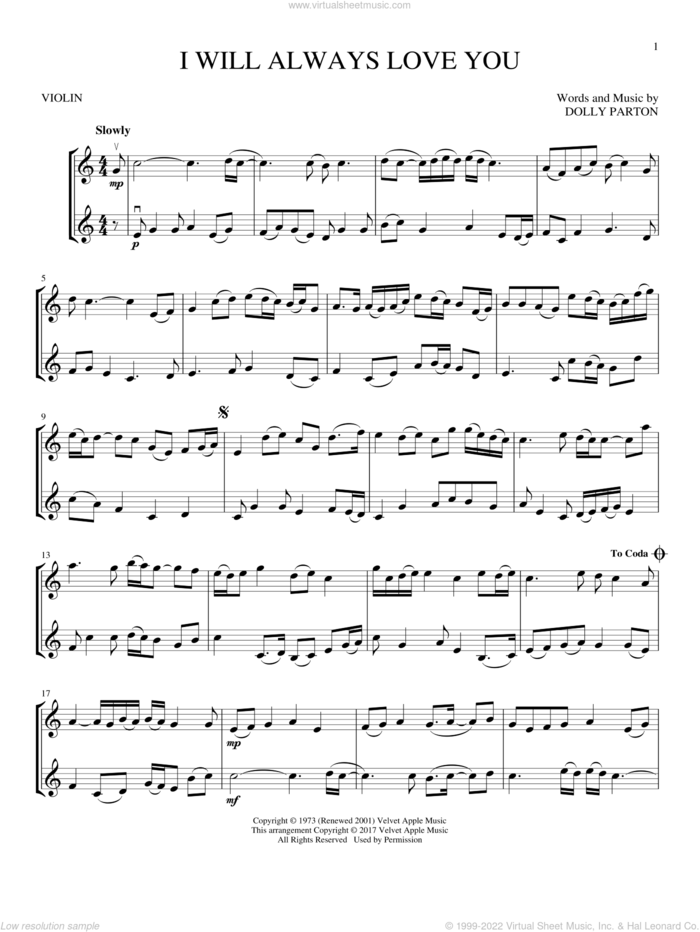 I Will Always Love You sheet music for two violins (duets, violin duets) by Whitney Houston and Dolly Parton, wedding score, intermediate skill level
