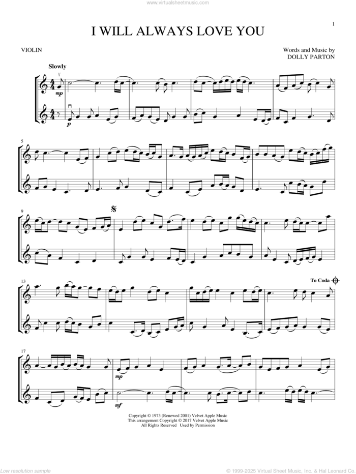 I Will Always Love You sheet music for two violins (duets, violin duets) by Whitney Houston and Dolly Parton, wedding score, intermediate skill level