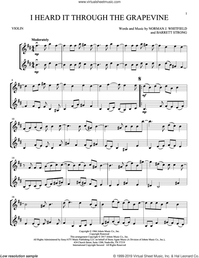 I Heard It Through The Grapevine sheet music for two violins (duets, violin duets) by Marvin Gaye, Barrett Strong and Norman Whitfield, intermediate skill level