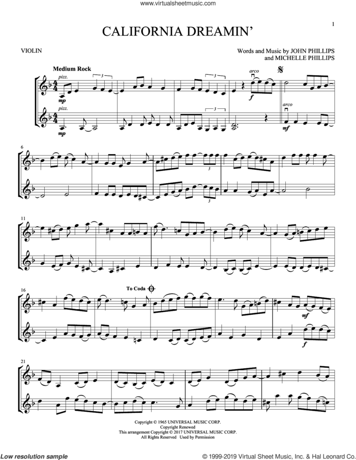 California Dreamin' sheet music for two violins (duets, violin duets) by The Mamas & The Papas, John Phillips and Michelle Phillips, intermediate skill level