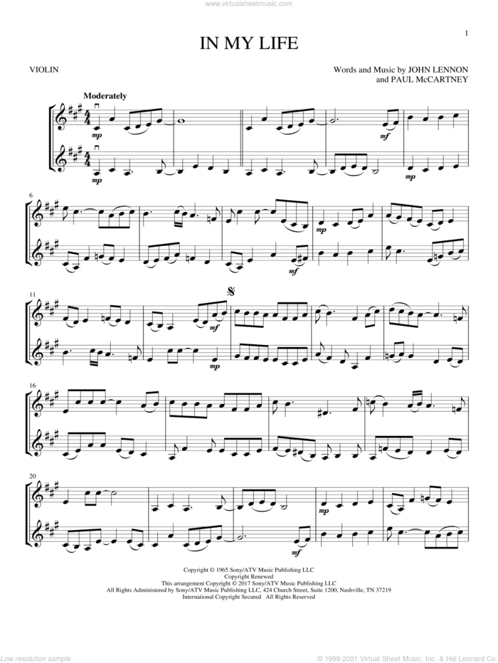 In My Life sheet music for two violins (duets, violin duets) by The Beatles, John Lennon and Paul McCartney, wedding score, intermediate skill level