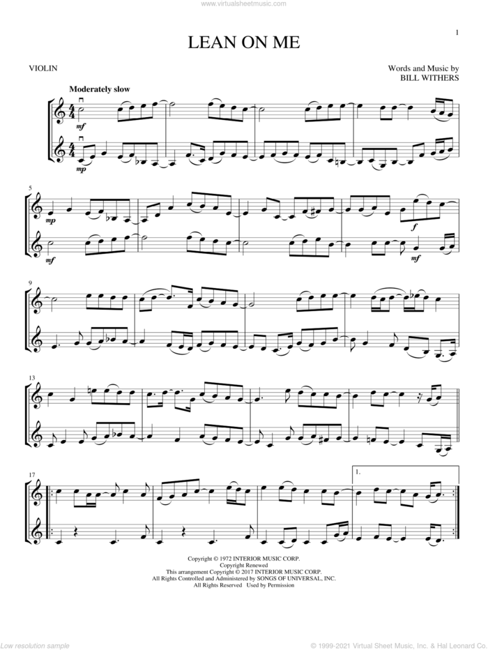 Lean On Me sheet music for two violins (duets, violin duets) by Bill Withers, intermediate skill level