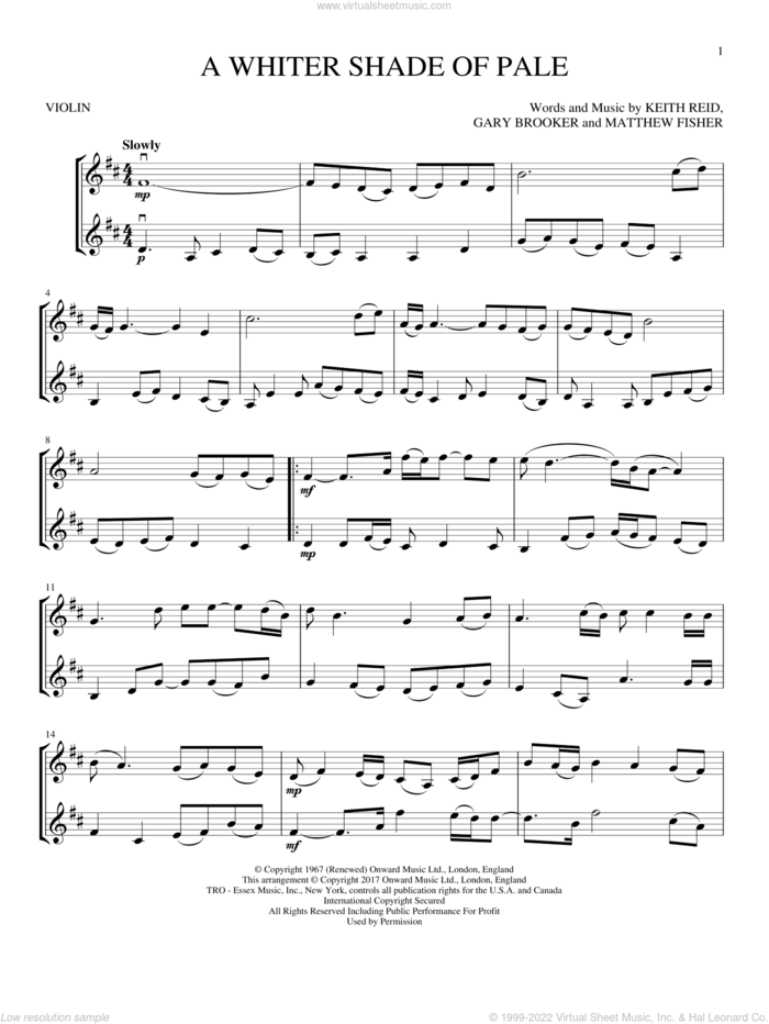 A Whiter Shade Of Pale sheet music for two violins (duets, violin duets) by Procol Harum, Gary Brooker, Keith Reid and Matthew Fisher, wedding score, intermediate skill level
